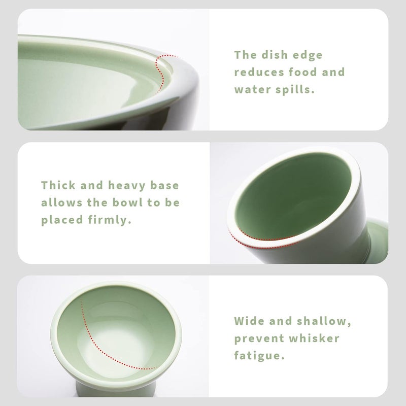 CEEFU 2 Elevated Ceramic Cat Bowls Extra Wide for Food & Water – Whisker Fatigue Shallow Food Dish, Lead & Cadmium-Free, Raised Height for Cats, Sage Green - Image 3